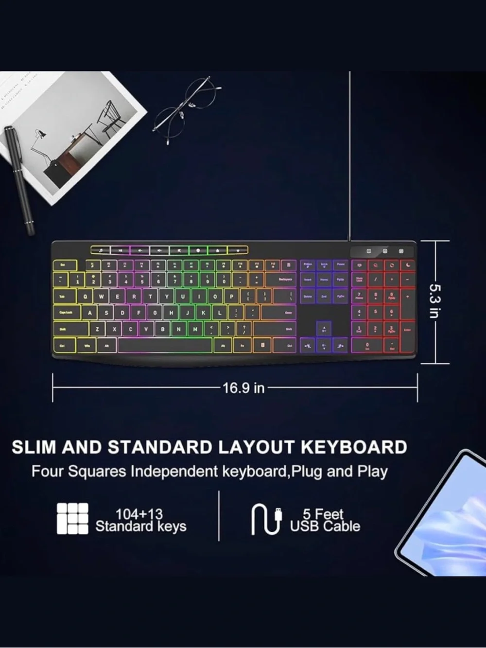 Computer Keyboard Wired 7-Color Rainbow LED Backlit - Picture 5 of 7